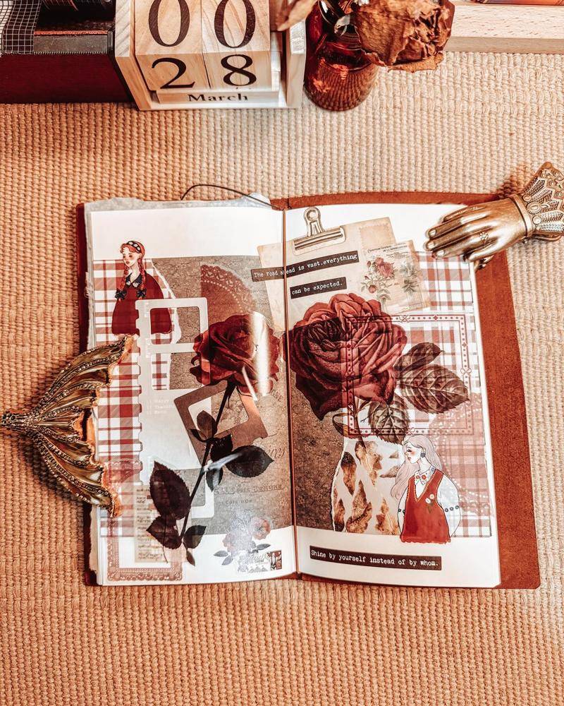Vintage Rose and Plaid Junk Journal Spread