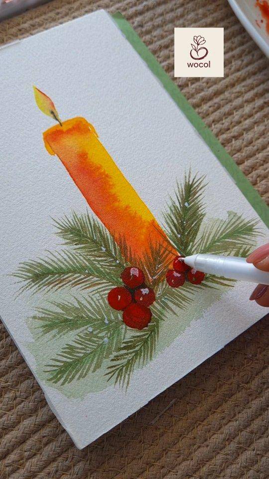 Watercolor Christmas Candle Card Art