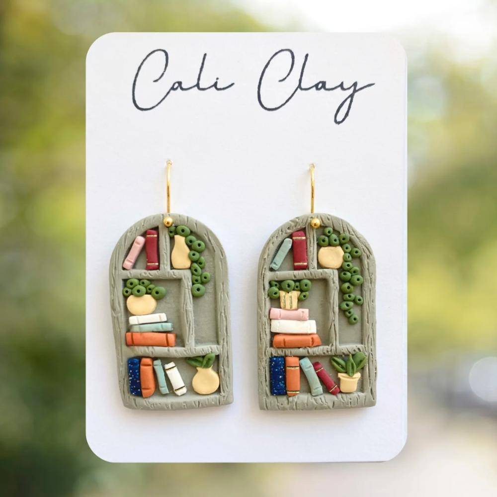 Whimsical Bookshelf Polymer Clay Earrings