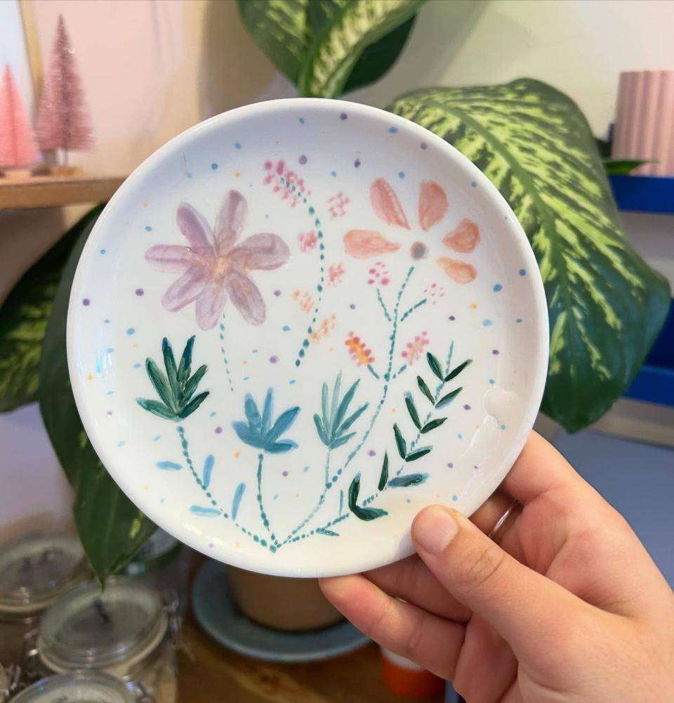 Whimsical Floral Painted Pottery Dish