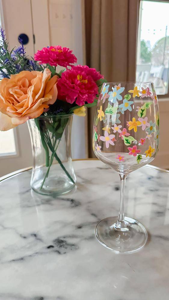 Whimsical Floral Painted Wine Glass