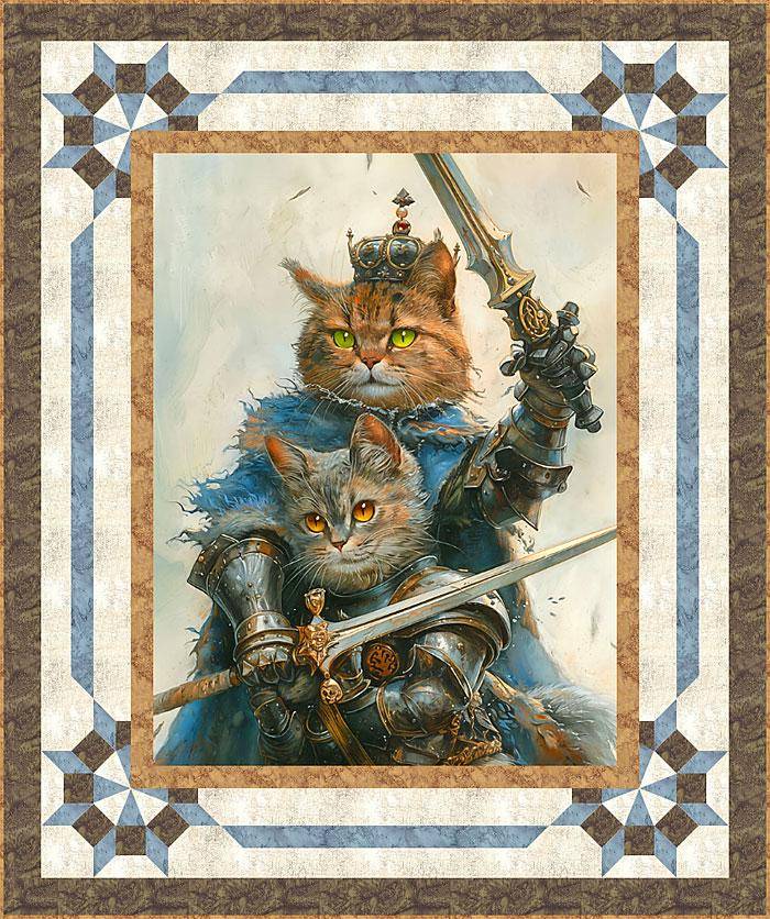 Whimsical Knight Cat Fabric Panel Quilt