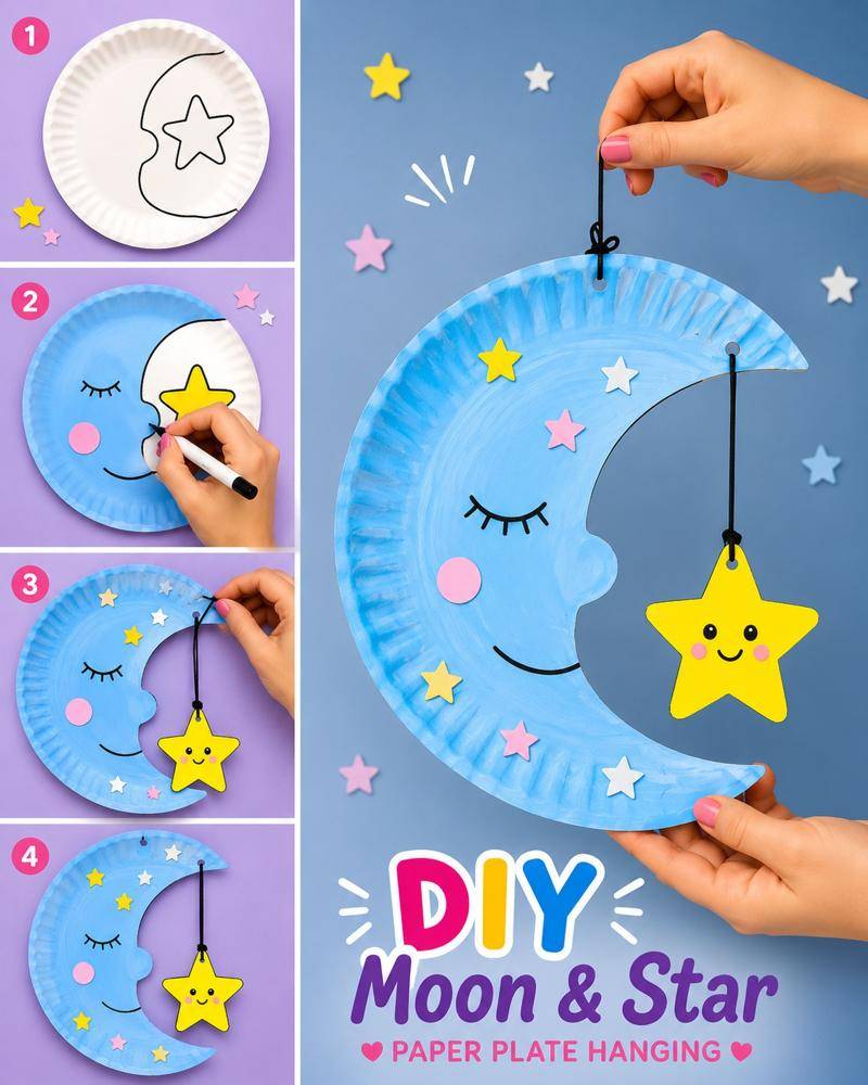 Whimsical Paper Plate Moon and Star Hanging Craft