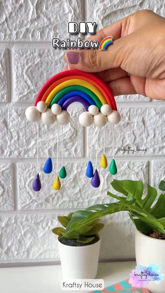 Whimsical Rainbow and Raindrop Polymer Clay Mobile