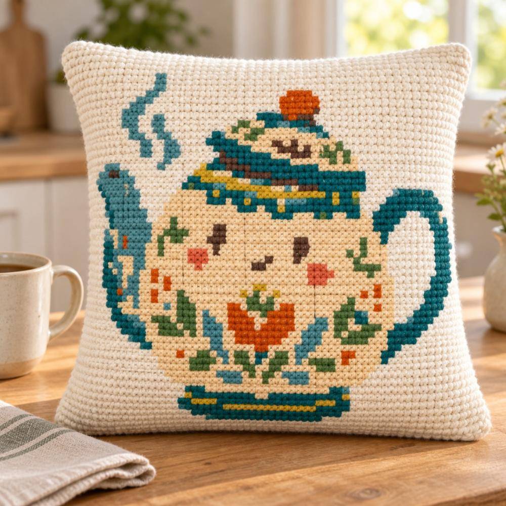 Whimsical Teapot Crochet Pillow