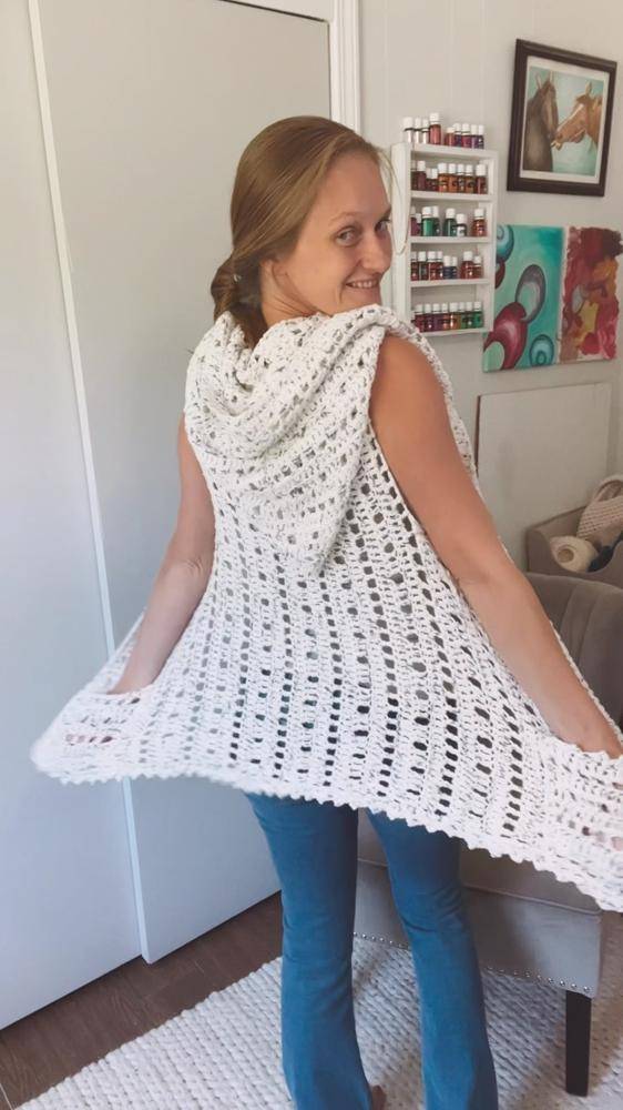 White Hooded Crochet Vest with Lace Detail